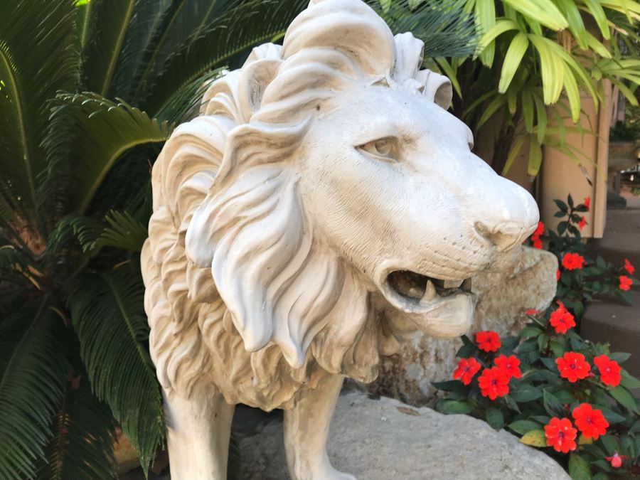 Pair Of Resin Lion Statues 36L X 27H Retails 550