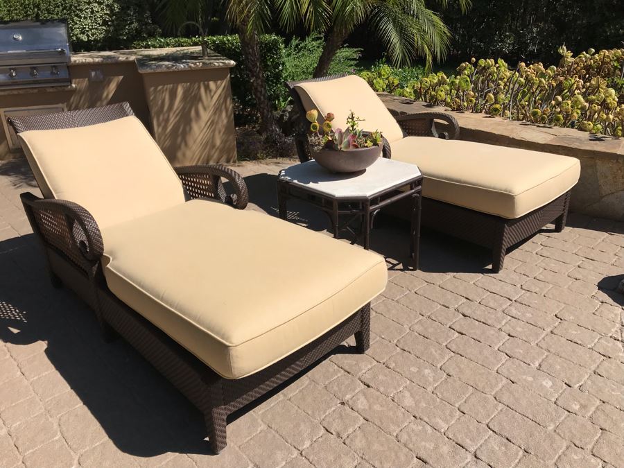 Richard Frinier For Century Furniture PAIR Of Articulating Chaise Lounge Chairs Denpasar Collection AND Richard Frinier For Century Furniture Marble Top Orient Collection Side Table Aluminum (PICK UP FROM HOME) 26W X 26D X 23H Total Retails $9,172 [Photo 18]