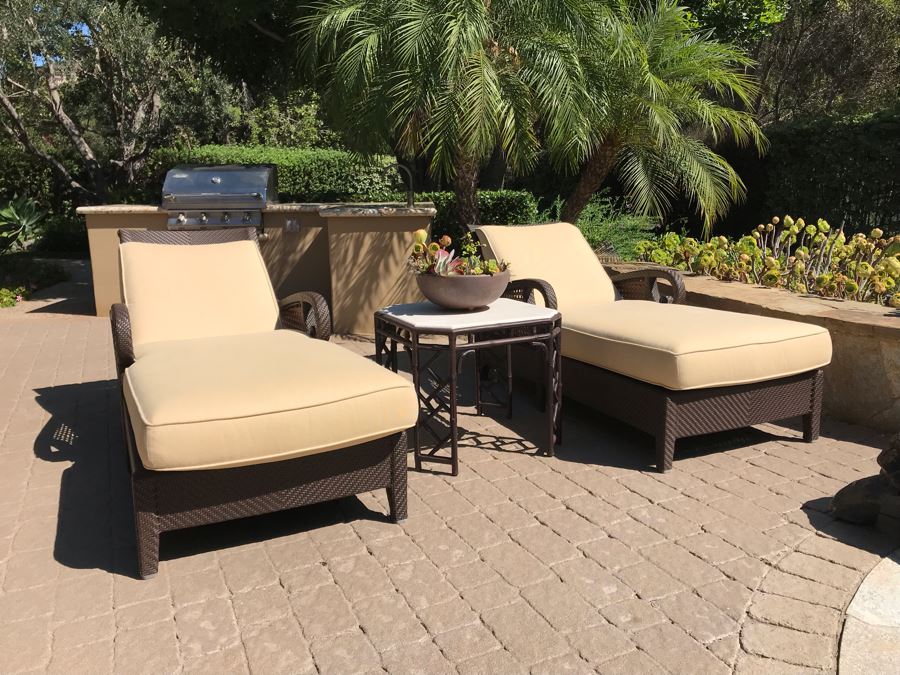 Richard Frinier For Century Furniture PAIR Of Articulating Chaise Lounge Chairs Denpasar Collection AND Richard Frinier For Century Furniture Marble Top Orient Collection Side Table Aluminum (PICK UP FROM HOME) 26W X 26D X 23H Total Retails $9,172 [Photo 22]