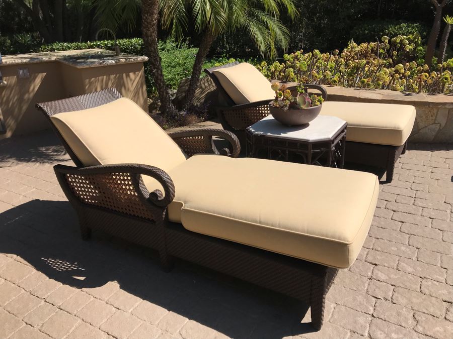 Richard Frinier For Century Furniture PAIR Of Articulating Chaise Lounge Chairs Denpasar Collection AND Richard Frinier For Century Furniture Marble Top Orient Collection Side Table Aluminum (PICK UP FROM HOME) 26W X 26D X 23H Total Retails $9,172 [Photo 21]