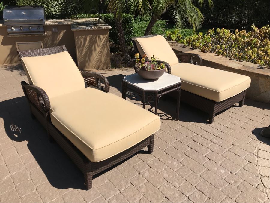 Richard Frinier For Century Furniture PAIR Of Articulating Chaise Lounge Chairs Denpasar Collection AND Richard Frinier For Century Furniture Marble Top Orient Collection Side Table Aluminum (PICK UP FROM HOME) 26W X 26D X 23H Total Retails $9,172 [Photo 19]