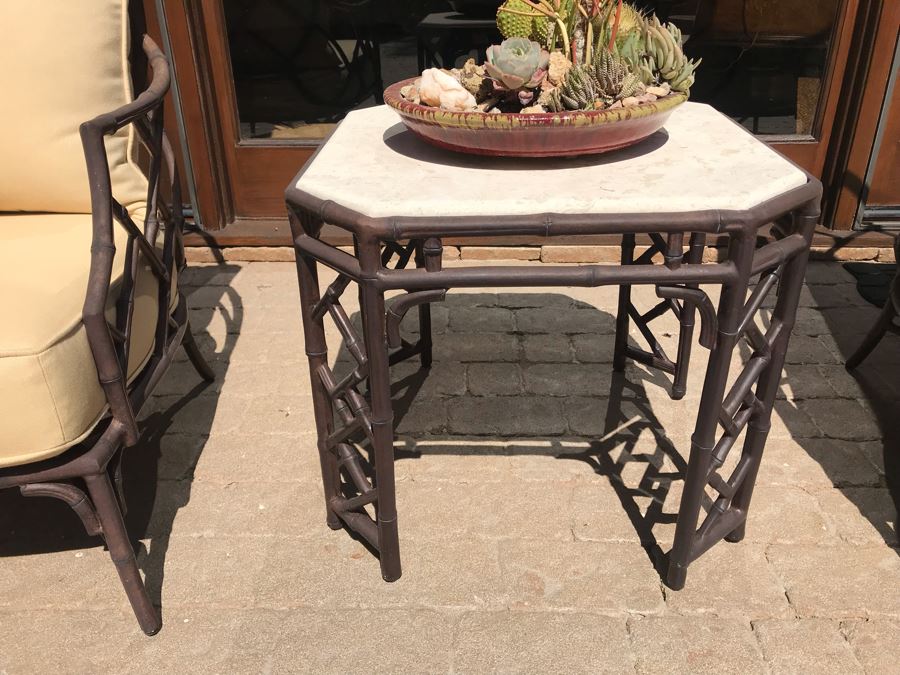 Richard Frinier For Century Furniture PAIR Of Lounge Chairs Orient Collection (Cushions Stored Inside) AND Richard Frinier For Century Furniture Marble Top Orient Collection Side Table Aluminum 26W X 26D X 23H (PICK UP FROM HOME) Total Retails $4,518 [Photo 6]