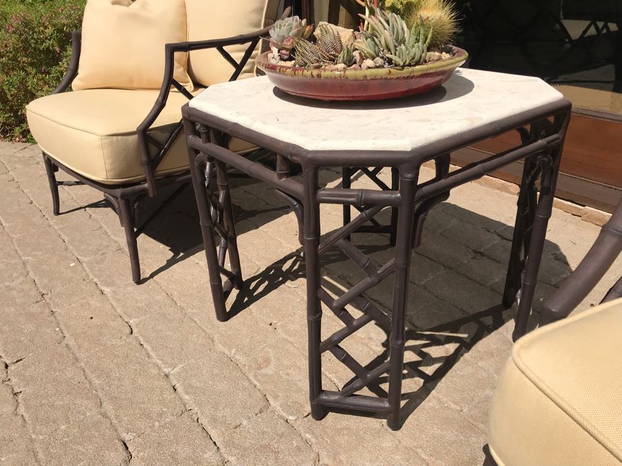 Richard Frinier For Century Furniture PAIR Of Lounge Chairs Orient Collection (Cushions Stored Inside) AND Richard Frinier For Century Furniture Marble Top Orient Collection Side Table Aluminum 26W X 26D X 23H (PICK UP FROM HOME) Total Retails $4,518 [Photo 7]