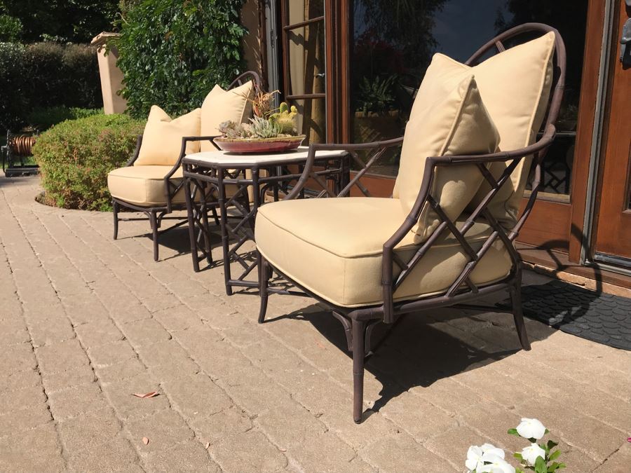 Richard Frinier For Century Furniture PAIR Of Lounge Chairs Orient Collection (Cushions Stored Inside) AND Richard Frinier For Century Furniture Marble Top Orient Collection Side Table Aluminum 26W X 26D X 23H (PICK UP FROM HOME) Total Retails $4,518 [Photo 3]