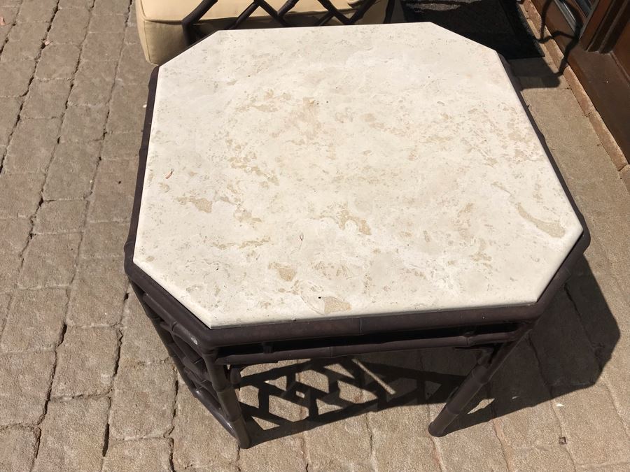 Richard Frinier For Century Furniture PAIR Of Lounge Chairs Orient Collection (Cushions Stored Inside) AND Richard Frinier For Century Furniture Marble Top Orient Collection Side Table Aluminum 26W X 26D X 23H (PICK UP FROM HOME) Total Retails $4,518 [Photo 8]