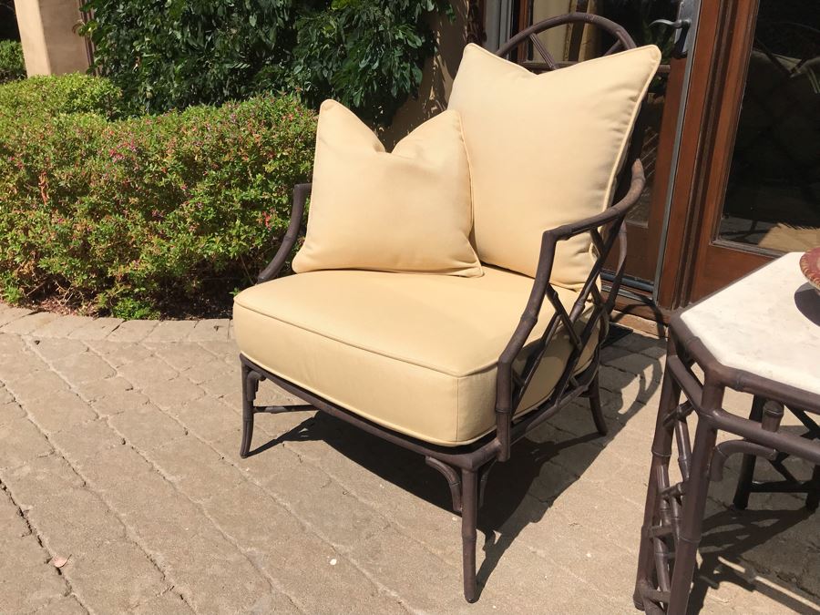 Richard Frinier For Century Furniture PAIR Of Lounge Chairs Orient Collection (Cushions Stored Inside) AND Richard Frinier For Century Furniture Marble Top Orient Collection Side Table Aluminum 26W X 26D X 23H (PICK UP FROM HOME) Total Retails $4,518 [Photo 5]