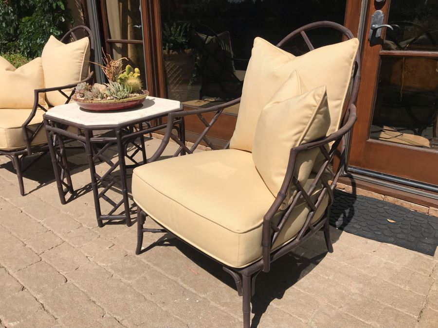 Richard Frinier For Century Furniture PAIR Of Lounge Chairs Orient Collection (Cushions Stored Inside) AND Richard Frinier For Century Furniture Marble Top Orient Collection Side Table Aluminum 26W X 26D X 23H (PICK UP FROM HOME) Total Retails $4,518 [Photo 4]