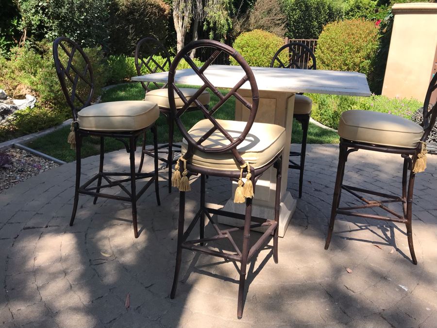 UPDATED (6 Barstools): Richard Frinier For Century Furniture SET Of 6 Barstools Orient Collection 31H Seat (Cushions Stored Inside) AND Century Furniture Marble High Top Table With Marble Base 4'W X 4'D X 41H (PICK UP FROM HOME) Total Retails $10,430 [Photo 5]