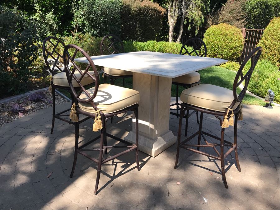 UPDATED (6 Barstools): Richard Frinier For Century Furniture SET Of 6 Barstools Orient Collection 31H Seat (Cushions Stored Inside) AND Century Furniture Marble High Top Table With Marble Base 4'W X 4'D X 41H (PICK UP FROM HOME) Total Retails $10,430 [Photo 3]