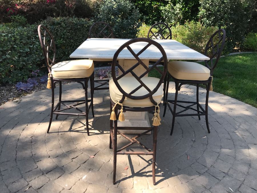 UPDATED (6 Barstools): Richard Frinier For Century Furniture SET Of 6 Barstools Orient Collection 31H Seat (Cushions Stored Inside) AND Century Furniture Marble High Top Table With Marble Base 4'W X 4'D X 41H (PICK UP FROM HOME) Total Retails $10,430 [Photo 2]