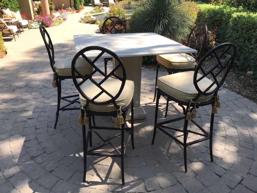UPDATED (6 Barstools): Richard Frinier For Century Furniture SET Of 6 Barstools Orient Collection 31H Seat (Cushions Stored Inside) AND Century Furniture Marble High Top Table With Marble Base 4'W X 4'D X 41H (PICK UP FROM HOME) Total Retails $10,430 [Photo 10]