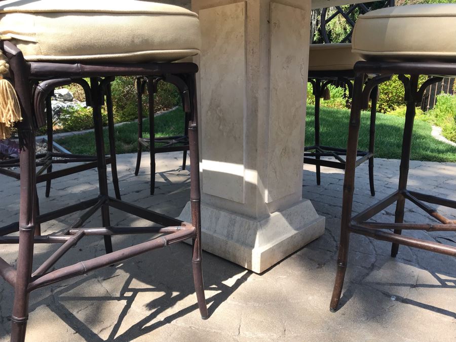 UPDATED (6 Barstools): Richard Frinier For Century Furniture SET Of 6 Barstools Orient Collection 31H Seat (Cushions Stored Inside) AND Century Furniture Marble High Top Table With Marble Base 4'W X 4'D X 41H (PICK UP FROM HOME) Total Retails $10,430 [Photo 8]