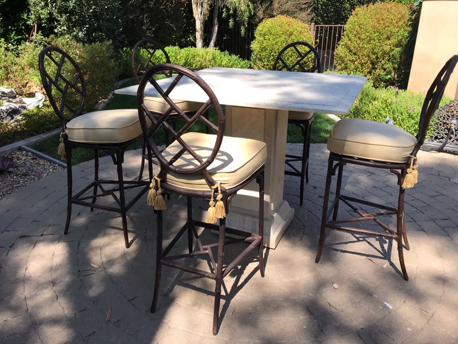 UPDATED (6 Barstools): Richard Frinier For Century Furniture SET Of 6 Barstools Orient Collection 31H Seat (Cushions Stored Inside) AND Century Furniture Marble High Top Table With Marble Base 4'W X 4'D X 41H (PICK UP FROM HOME) Total Retails $10,430 [Photo 4]