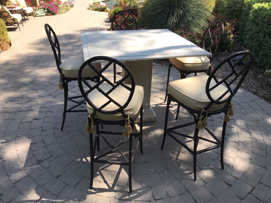 UPDATED (6 Barstools): Richard Frinier For Century Furniture SET Of 6 Barstools Orient Collection 31H Seat (Cushions Stored Inside) AND Century Furniture Marble High Top Table With Marble Base 4'W X 4'D X 41H (PICK UP FROM HOME) Total Retails $10,430 [Photo 11]