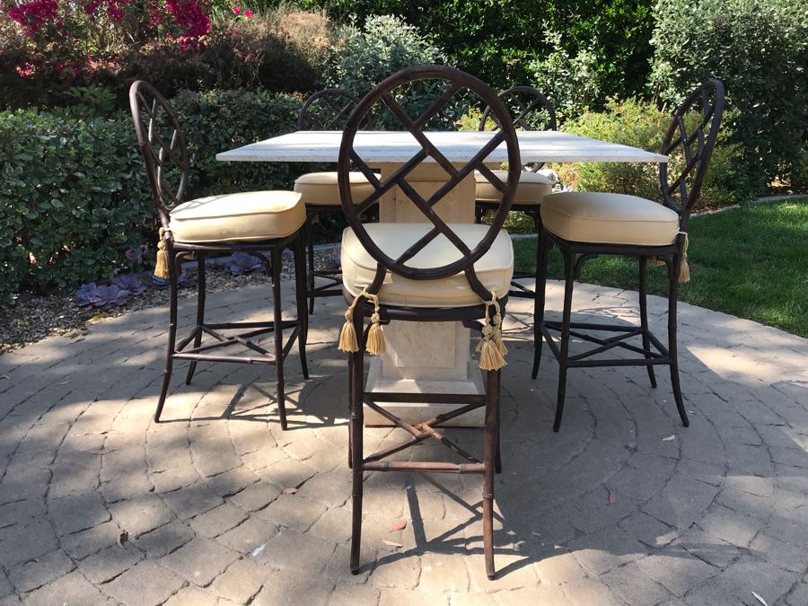 UPDATED (6 Barstools): Richard Frinier For Century Furniture SET Of 6 Barstools Orient Collection 31H Seat (Cushions Stored Inside) AND Century Furniture Marble High Top Table With Marble Base 4'W X 4'D X 41H (PICK UP FROM HOME) Total Retails $10,430 [Photo 9]