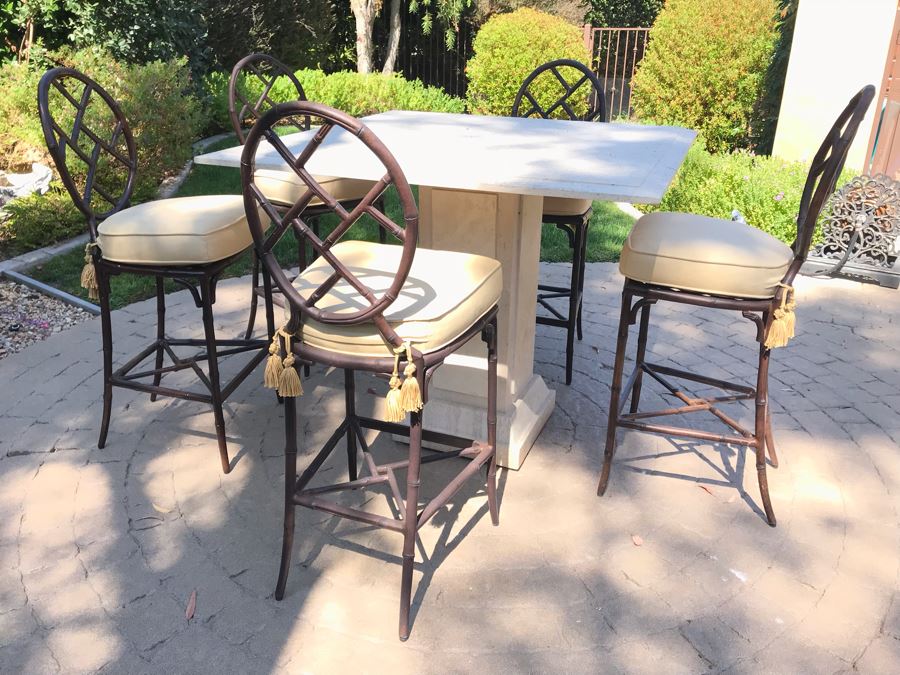UPDATED (6 Barstools): Richard Frinier For Century Furniture SET Of 6 Barstools Orient Collection 31H Seat (Cushions Stored Inside) AND Century Furniture Marble High Top Table With Marble Base 4'W X 4'D X 41H (PICK UP FROM HOME) Total Retails $10,430