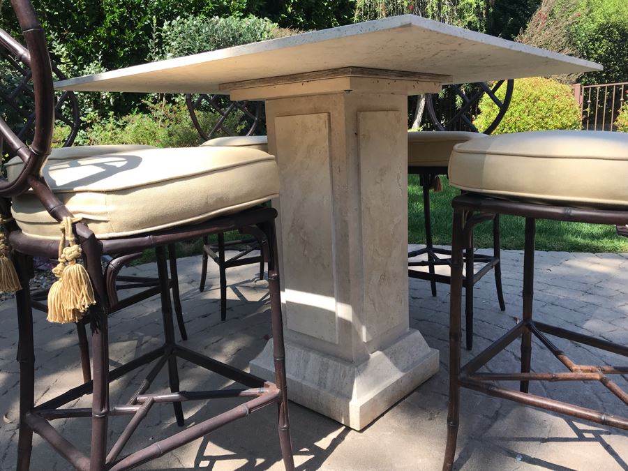 UPDATED (6 Barstools): Richard Frinier For Century Furniture SET Of 6 Barstools Orient Collection 31H Seat (Cushions Stored Inside) AND Century Furniture Marble High Top Table With Marble Base 4'W X 4'D X 41H (PICK UP FROM HOME) Total Retails $10,430 [Photo 6]