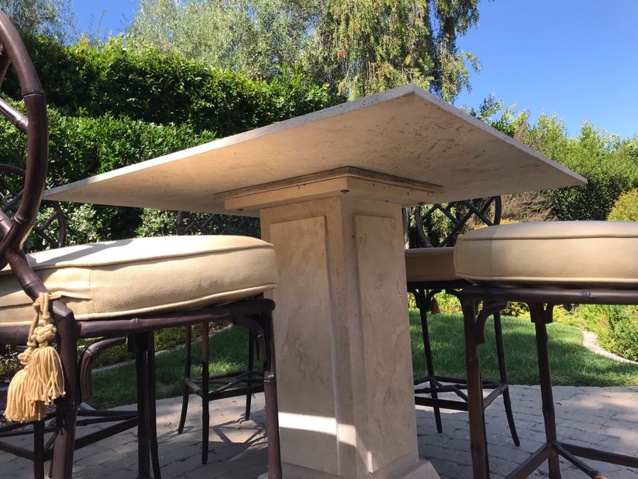 UPDATED (6 Barstools): Richard Frinier For Century Furniture SET Of 6 Barstools Orient Collection 31H Seat (Cushions Stored Inside) AND Century Furniture Marble High Top Table With Marble Base 4'W X 4'D X 41H (PICK UP FROM HOME) Total Retails $10,430 [Photo 7]