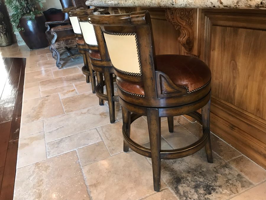 Marge Carson Designer Counter Stools Barstools With Brass Nailhead And Leather Seats (24' Seat Height - 36'H) Total Retails $8,730 [Photo 4]