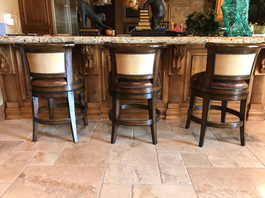 Marge Carson Designer Counter Stools Barstools With Brass Nailhead And Leather Seats (24' Seat Height - 36'H) Total Retails $8,730 [Photo 6]