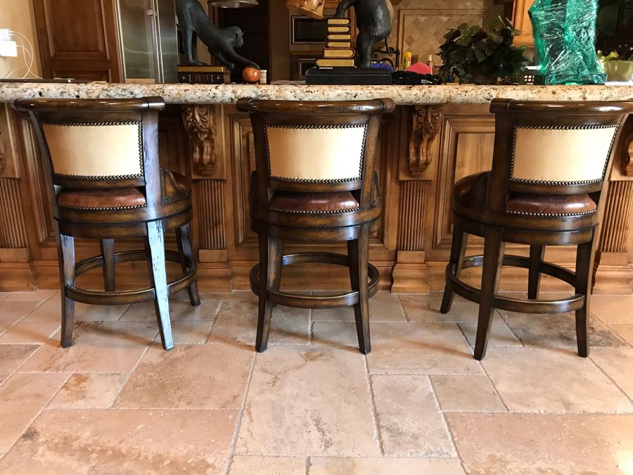 Marge Carson Designer Counter Stools Barstools With Brass Nailhead And Leather Seats (24' Seat Height - 36'H) Total Retails $8,730 [Photo 5]