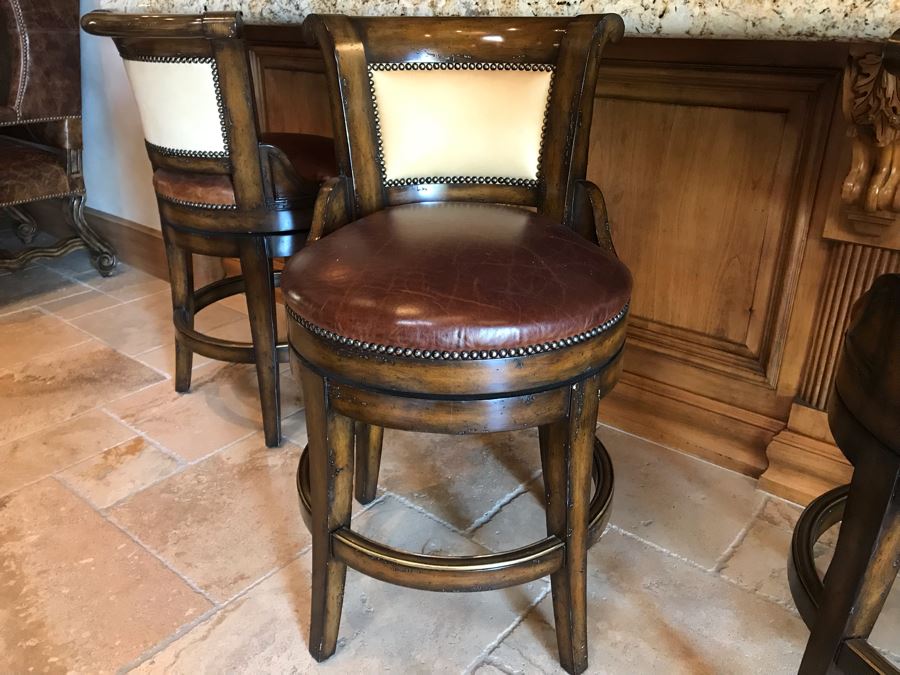 Marge Carson Designer Counter Stools Barstools With Brass Nailhead And Leather Seats (24' Seat Height - 36'H) Total Retails $8,730 [Photo 10]