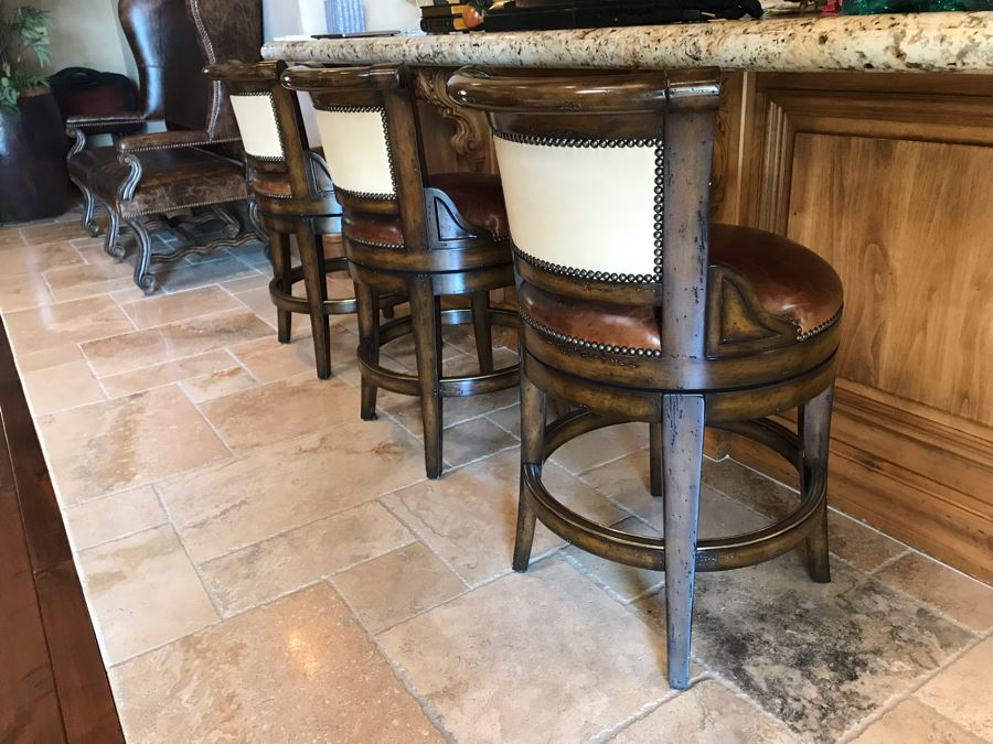 Marge Carson Designer Counter Stools Barstools With Brass Nailhead And Leather Seats (24' Seat Height - 36'H) Total Retails $8,730 [Photo 7]