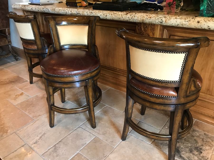 Marge Carson Designer Counter Stools Barstools With Brass Nailhead And Leather Seats (24' Seat Height - 36'H) Total Retails $8,730 [Photo 9]