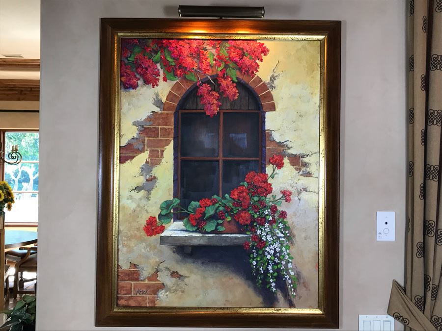 Original Carol Krick Fine Art Oil Painting On Canvas Titled 'Tuscan Window' In Wooden Frame With Overhead Lighting 36 X 48 Canvas Appraised At $12,000 [Photo 1]