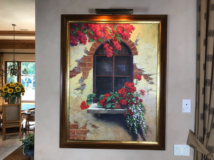 Original Carol Krick Fine Art Oil Painting On Canvas Titled 'Tuscan Window' In Wooden Frame With Overhead Lighting 36 X 48 Canvas Appraised At $12,000 [Photo 2]