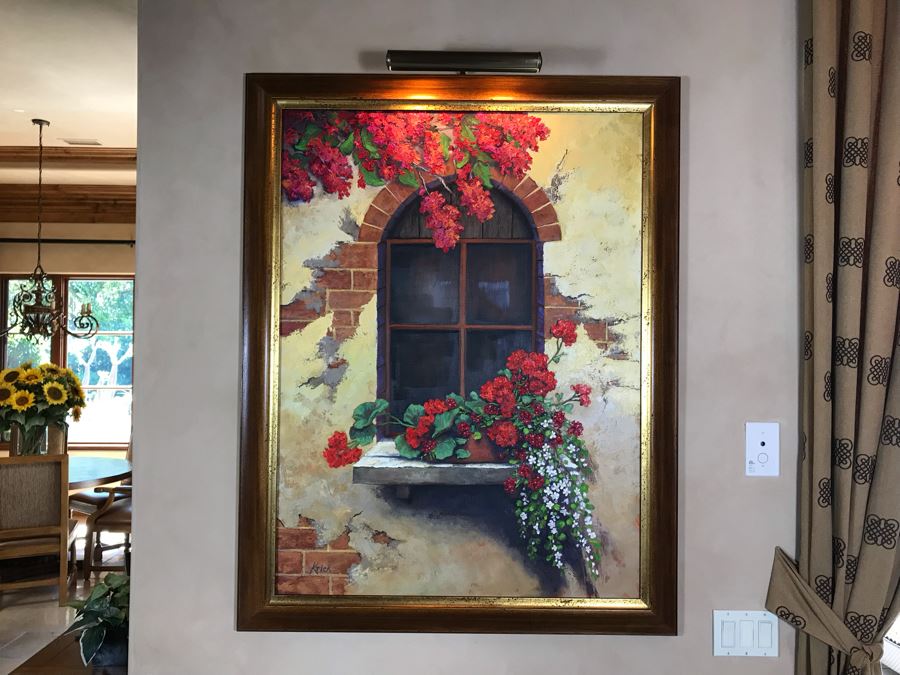 Original Carol Krick Fine Art Oil Painting On Canvas Titled 'Tuscan Window' In Wooden Frame With Overhead Lighting 36 X 48 Canvas Appraised At $12,000 [Photo 3]