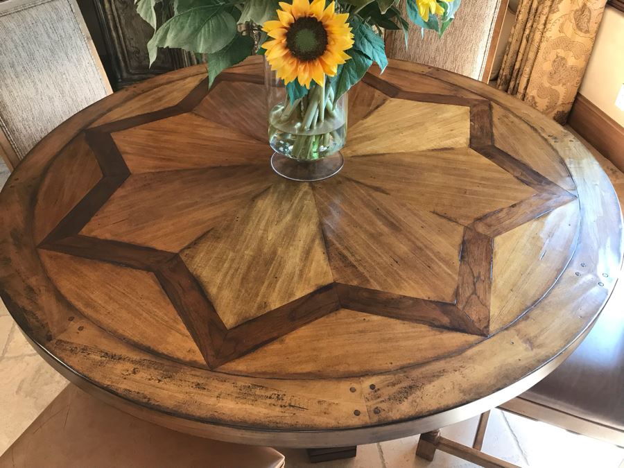 Stunning Century Furniture Inlaid Star Pattern Pedestal 5' Round Dining Table With Four Matching Century Furniture Exeter Side Chairs Dining Chairs Total Retails $11,520 [Photo 2]
