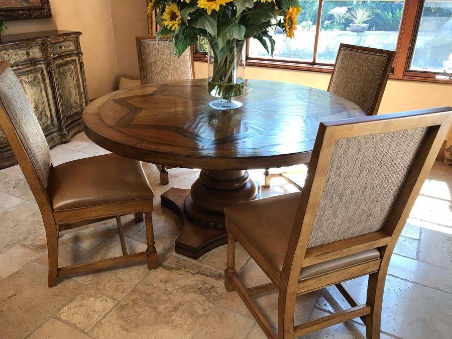 Stunning Century Furniture Inlaid Star Pattern Pedestal 5' Round Dining Table With Four Matching Century Furniture Exeter Side Chairs Dining Chairs Total Retails $11,520 [Photo 4]
