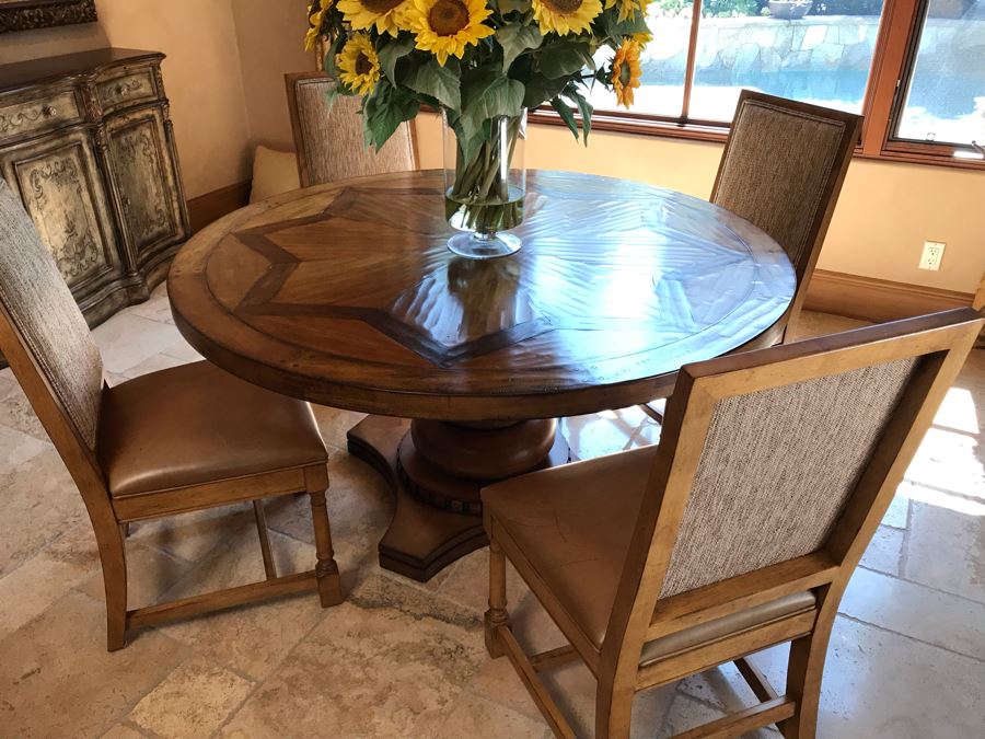 Stunning Century Furniture Inlaid Star Pattern Pedestal 5' Round Dining Table With Four Matching Century Furniture Exeter Side Chairs Dining Chairs Total Retails $11,520 [Photo 5]