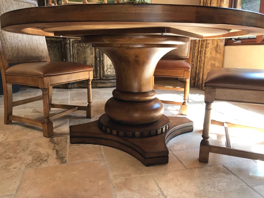 Stunning Century Furniture Inlaid Star Pattern Pedestal 5' Round Dining Table With Four Matching Century Furniture Exeter Side Chairs Dining Chairs Total Retails $11,520 [Photo 8]
