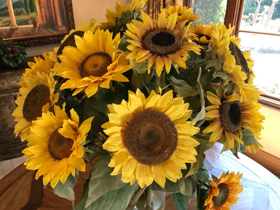 Large Artificial Sunflower Plant Arrangement In Glass Vase [Photo 3]