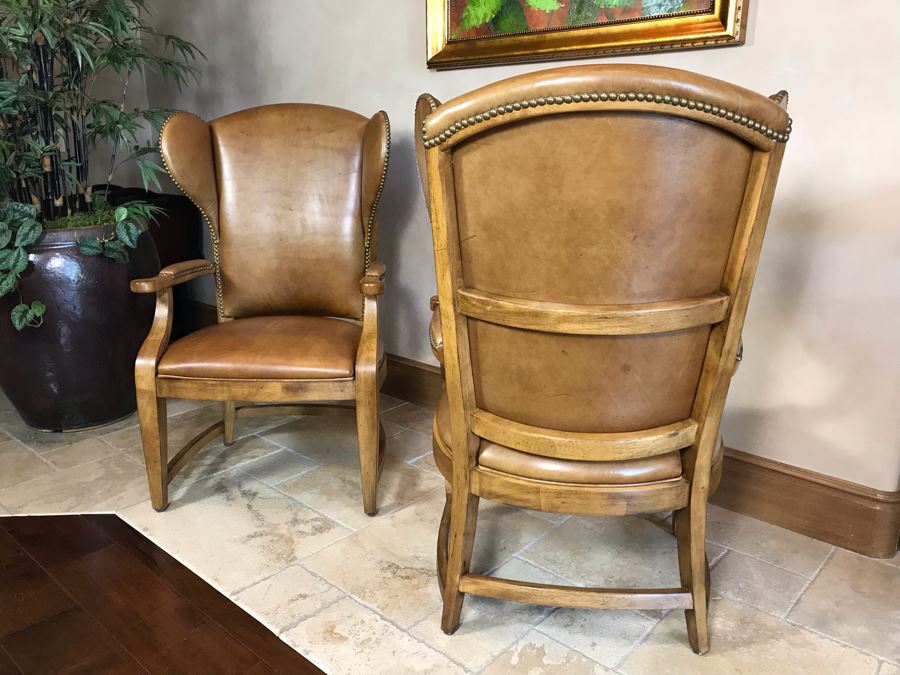 Pair Of Leather Century Furniture Caribou Club Arm Chairs With Brass Nailheads Retails $5,140 [Photo 6]