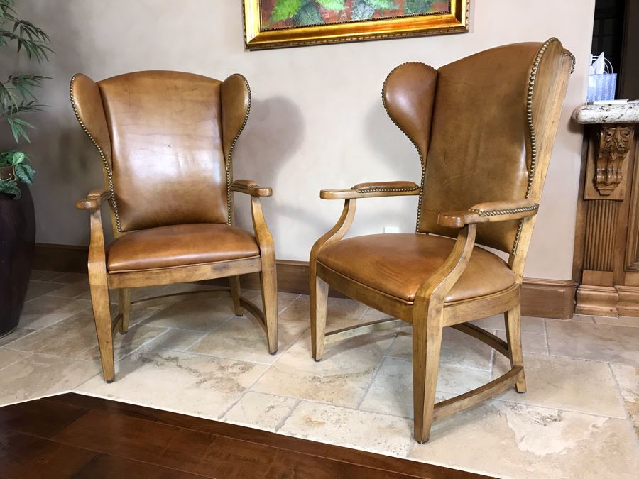 Pair Of Leather Century Furniture Caribou Club Arm Chairs With Brass Nailheads Retails $5,140 [Photo 3]