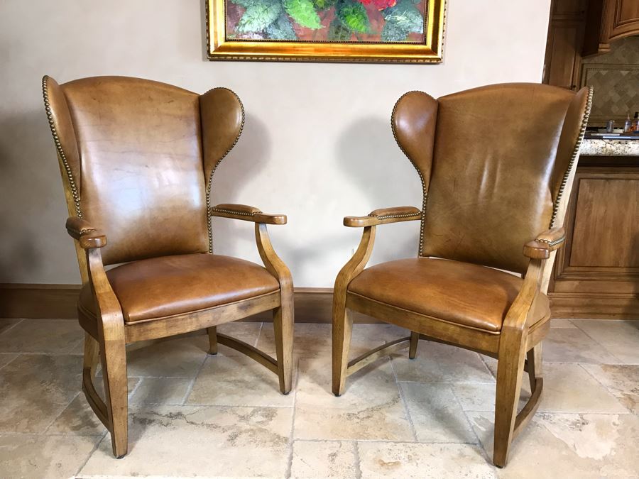 Pair Of Leather Century Furniture Caribou Club Arm Chairs With Brass Nailheads Retails $5,140 [Photo 2]