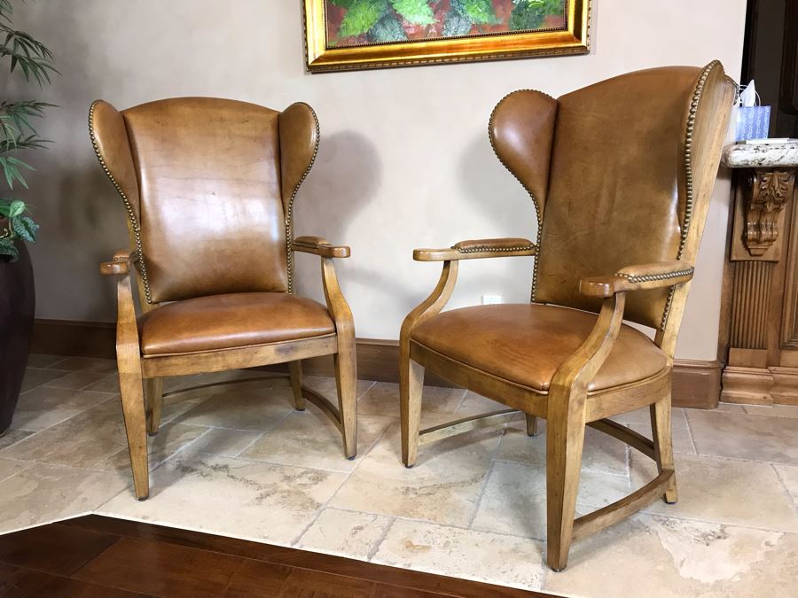 Pair Of Leather Century Furniture Caribou Club Arm Chairs With Brass Nailheads Retails $5,140 [Photo 1]