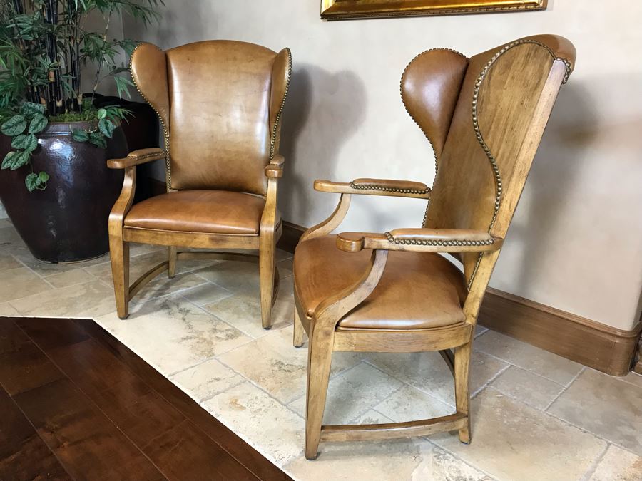 Pair Of Leather Century Furniture Caribou Club Arm Chairs With Brass Nailheads Retails $5,140 [Photo 4]