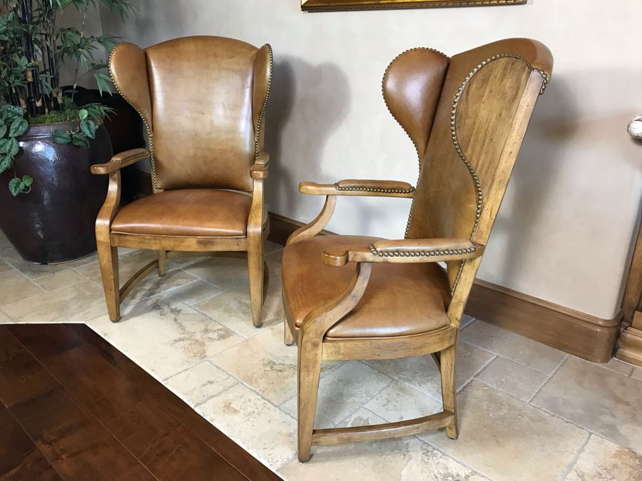 Pair Of Leather Century Furniture Caribou Club Arm Chairs With Brass Nailheads Retails $5,140 [Photo 5]