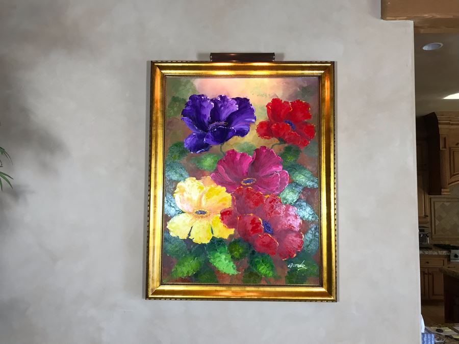 Original Mendez Fine Art Oil Painting On Canvas Titled 'Irridescence Paeonia' In Wooden Frame With Overhead Lighting 36 X 48 Appraised $6,000 [Photo 3]