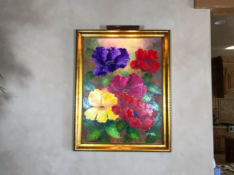 Original Mendez Fine Art Oil Painting On Canvas Titled 'Irridescence Paeonia' In Wooden Frame With Overhead Lighting 36 X 48 Appraised $6,000 [Photo 4]