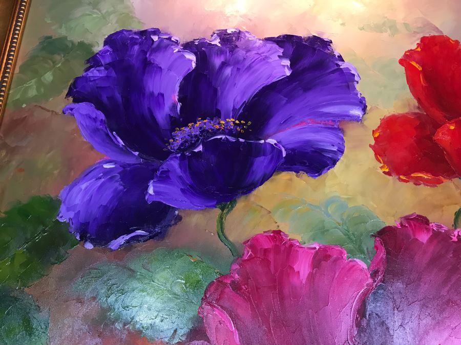 Original Mendez Fine Art Oil Painting On Canvas Titled 'Irridescence Paeonia' In Wooden Frame With Overhead Lighting 36 X 48 Appraised $6,000 [Photo 9]