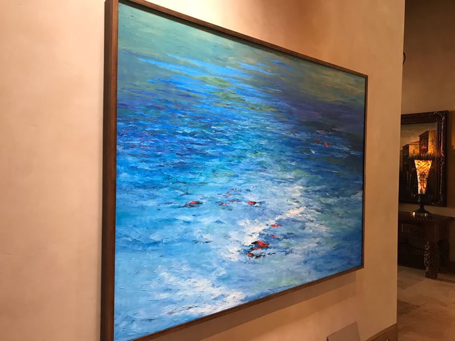 HUGE 7' X 5' Original Carol Krick Fine Art Abstract Expressionist Oil Painting On Canvas Titled 'Koi Pond' In Wooden Frame Canvas Appraised At $22,500 [Photo 5]