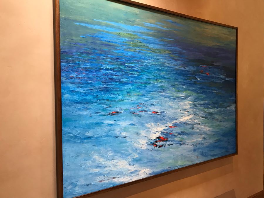 HUGE 7' X 5' Original Carol Krick Fine Art Abstract Expressionist Oil Painting On Canvas Titled 'Koi Pond' In Wooden Frame Canvas Appraised At $22,500 [Photo 4]