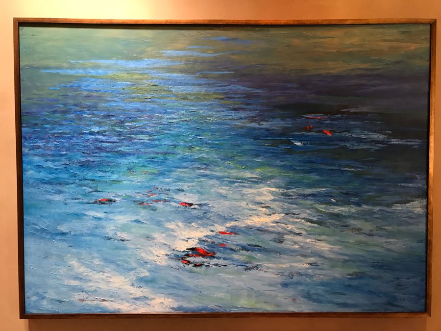 HUGE 7' X 5' Original Carol Krick Fine Art Abstract Expressionist Oil Painting On Canvas Titled 'Koi Pond' In Wooden Frame Canvas Appraised At $22,500 [Photo 3]