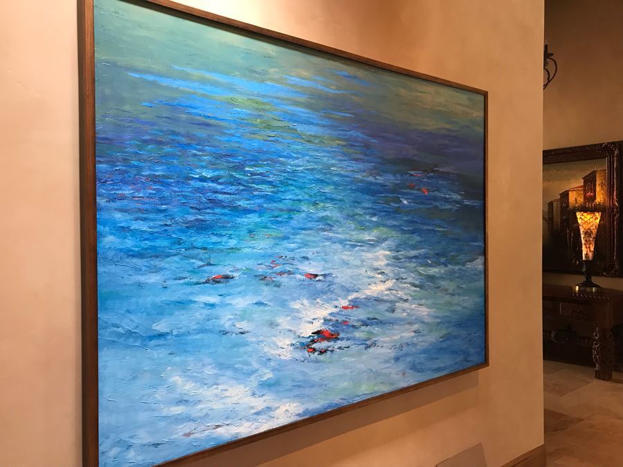 HUGE 7' X 5' Original Carol Krick Fine Art Abstract Expressionist Oil Painting On Canvas Titled 'Koi Pond' In Wooden Frame Canvas Appraised At $22,500 [Photo 2]