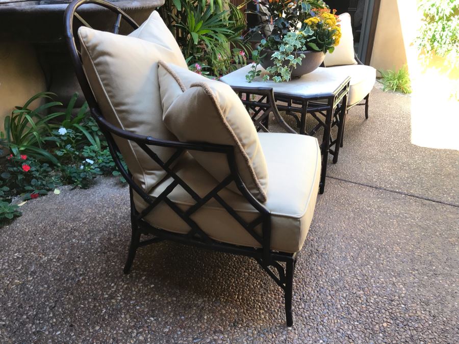 Richard Frinier For Century Furniture PAIR Of Lounge Chairs Orient Collection (Cushions Stored Inside) AND Richard Frinier For Century Furniture Marble Top Orient Collection Side Table Aluminum 26W X 26D X 23H (PICK UP FROM HOME) Total Retails $4,518 [Photo 5]